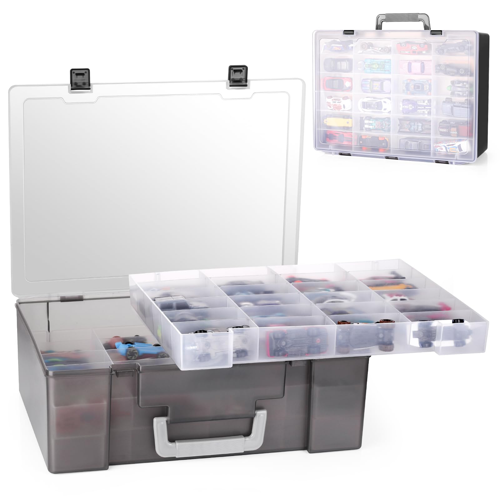 Photo 1 of RHCOM Toy Organizer.72 Compartments.Toy Storage Box Compatible With Hot wheels Cars, Matchbox Cars,Mini Toys and Small Dolls.Toy Storage Display Case With 3 Layers of Removable Trays(Black)