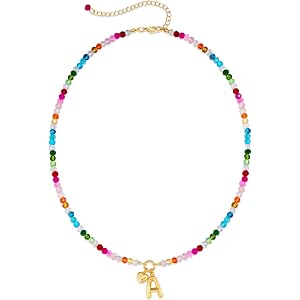 TENTMENTISE Colorful Beaded Initial Necklace for Women - Colorful Letter A-Z Necklaces, 14K Gold Plated Bubble Letter Charm,