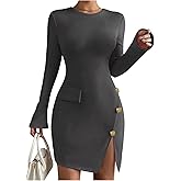 Floerns Women's Elegant Long Sleeve Fall Dress Split Business Casual Office Bodycon Mini Dresses