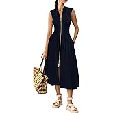 GUNEST Womens Dress Deep V Neck Zip Up Cap Sleeve Smocked Elastic Waist Split Summer Casual Midi Dress with Pockets