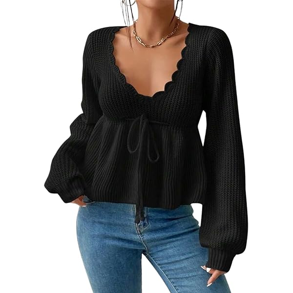 Women's Solid Drawstring Tie Front Scallop Trim Crop Sweater