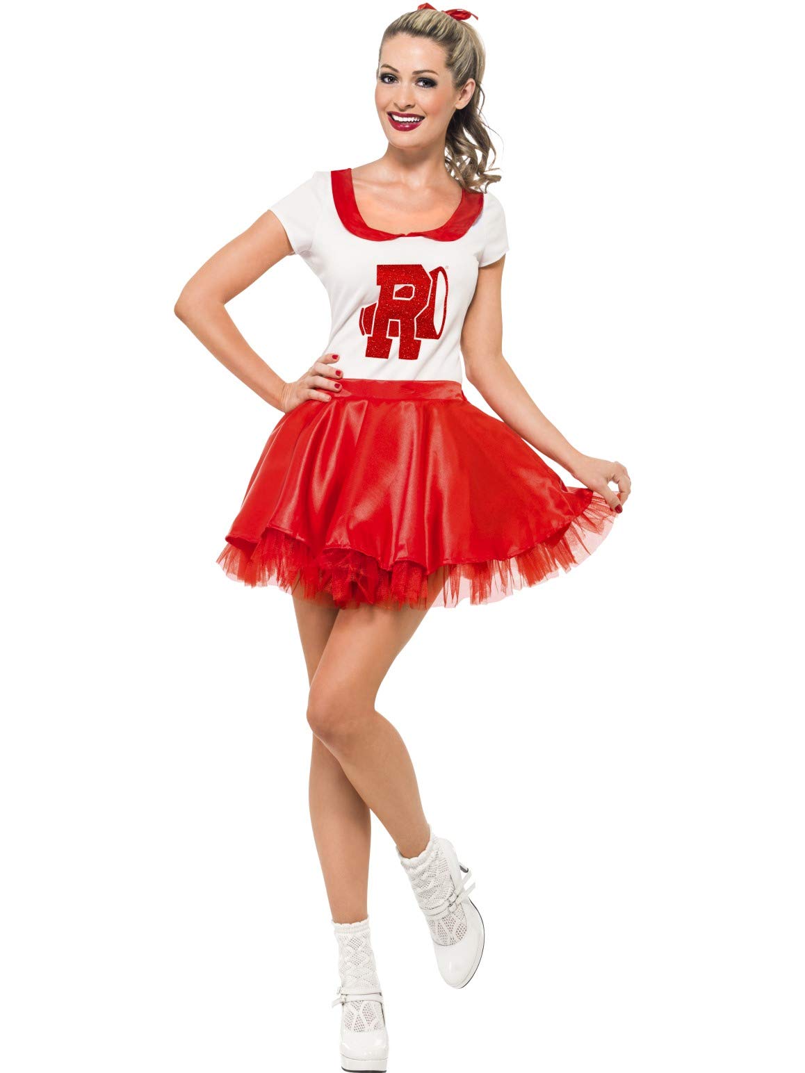 Smiffys Sandy Cheerleader Costume, Red & White, Skirt & Top with Tulle Underskirt, Official Grease License Outfit with Rodeo High Emblem for Group Costumes, Cheer Your Way Through Retro Fun!