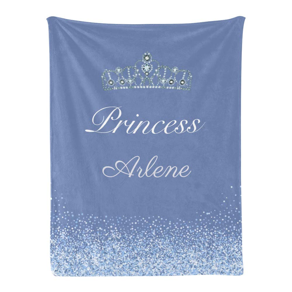 Princess Crown Blue Glitter Personalized Receiving Baby Blankets for Girls with Name,Customized Swaddle Blankets Gift for Newborn Crib Infants 30x40 Inches
