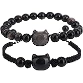 Mikovivi 2pcs Cat Bracelet Set, Black Obsidian Beaded Bracelet Good Luck Adjustable Braided Rope Cat Jewelry for Men Women