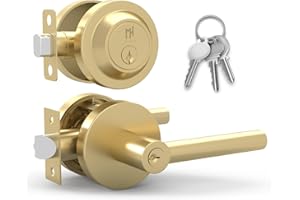 Mega Handles Ronn Entrance Combo, Entry Lever Door Handle and Single Cylinder Deadbolt Lock and Key Combo Pack, Heavy Duty Round Locking Door Levers Set for Left or Right-Handed Doors - Satin Brass