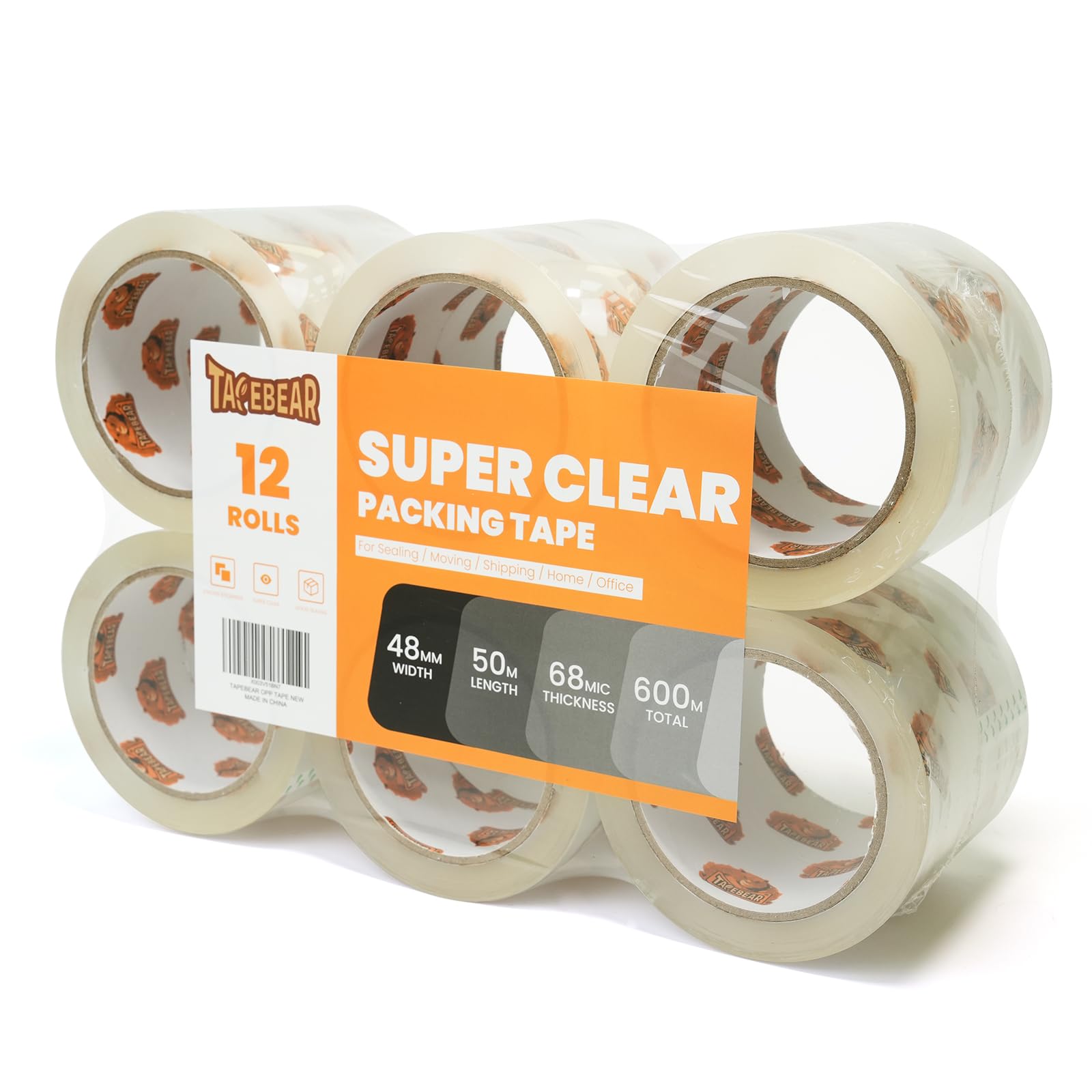 TAPEBEAR Packaging Tape, Super Clear Packing Tape Heavy Duty, 2.7mil Thick Transparent Tape, 48mm x 50m Tape Refills for Shipping, Moving, Sealing, 12 Rolls, 600 Total Meters