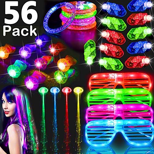 56 Pack Light Up Toys Glow in The Dark Party Favors Kids 12 Light Up Rings 4 LED Glasses 4 Glow Bracelet 32 Finger Lights 4 LED Hair Barrettes Christmas Costumes Cosplay Black Friday Holiday Toys