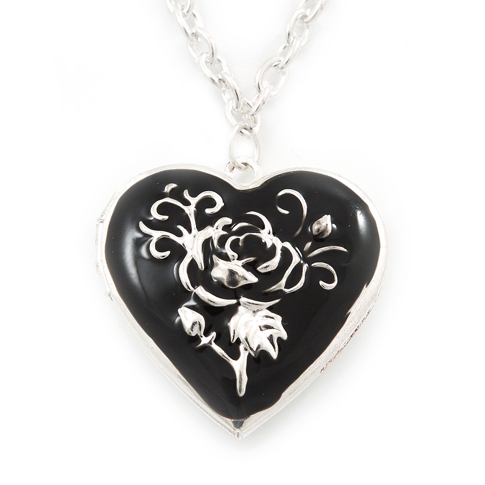 Avalaya Black Heart Locket Pendant Necklace/Silver Plated/ 44cm L/ 4cm Ext