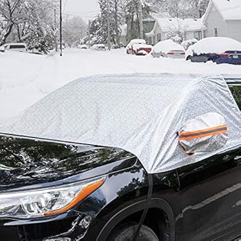 Universal Fit Windshield Snow Cover for Cars, Compact and Mid-size SUVs, Anti-theft Tuck-in Flaps, Cotton Lined PEVA Fabric with Aluminum Foil Lamination, Mirror Covers Included, Patent Pending