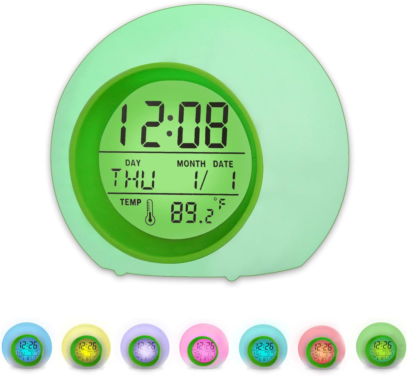 Alarm Clock for Kids, 7 Colors Changing, LED Digital, Round, Battery, Temperature Detect, One Tap Control, Alarm Setting, Snooze, 12/24 H, for Kids, Home(Green)