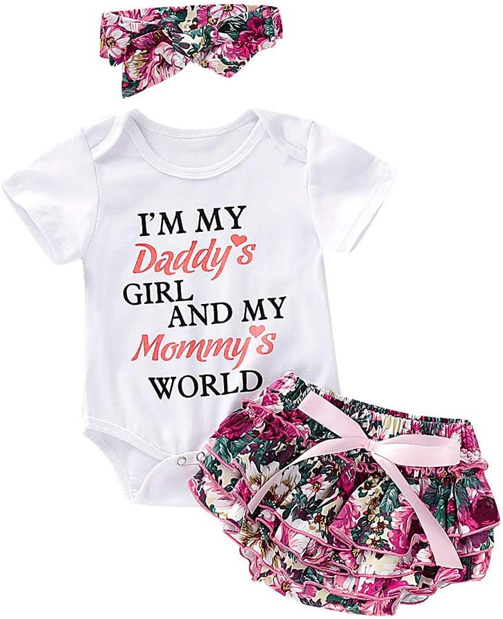 I am My Daddy's Girl and My Mommy's World Summer Newborn Baby Girl Clothes Set Letter Print Short Sleeve Romper Tops and Bloomers Floral Short Headband Sweet Toddler Girls Pink Outfits Photo Props