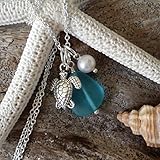 Handmade sea glass jewelry from Hawaii, blue sea glass necklace, Freshwater pearl, sea turtle charm, (Hawaii Gift Wrapped, Customizable Gift Message)