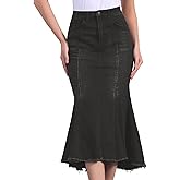 Allegra K Women's Washed Fishtail Denim Skirt High Waist Raw Hem Fashion Casual Midi Jean Skirts with Pockets