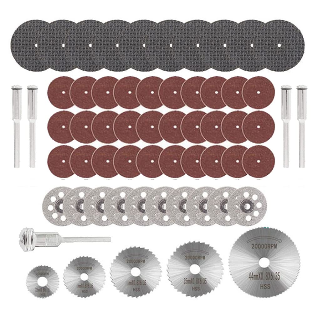 Gasea 60pcs Diamond Cutting Disc Kit for Rotary Tool – 1/8" Shank HSS Mini Cut Off Wheels & Circular Saw Blades with 5 Mandrels Cutting Set for Wood, Plastic, Stone & Metal