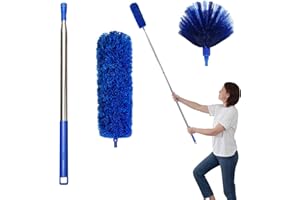 AJEDRMY Cobweb Dusters with Extension Pole 100-inch, Spider Web Brush & Ceiling Cleaning Kit, Washable Cleaning Duster Kit with 2 Duster Heads, Cobweb Duster, Corner Brush for Ceiling Fan, Furniture, Home