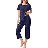 Ekouaer Women's Capri Pajama Sets Print Short Sleeve Sleepwear Top and Capri Pants Soft Loungewear with Pocket