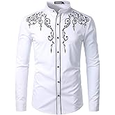 ZEROYAA Men's Western Stylish Band Collar Dress Shirts Embroidery Slim Fit Long Sleeve Mandarin Collar Shirt