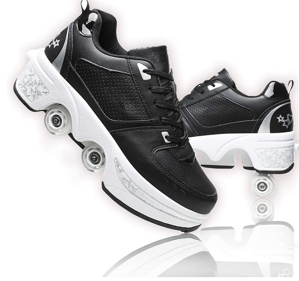 JinFugron Men's Unisex Black Silver Fashion Outdoor, Casual Skating Roller Skates Shoes with Wheels, Size 4 UK