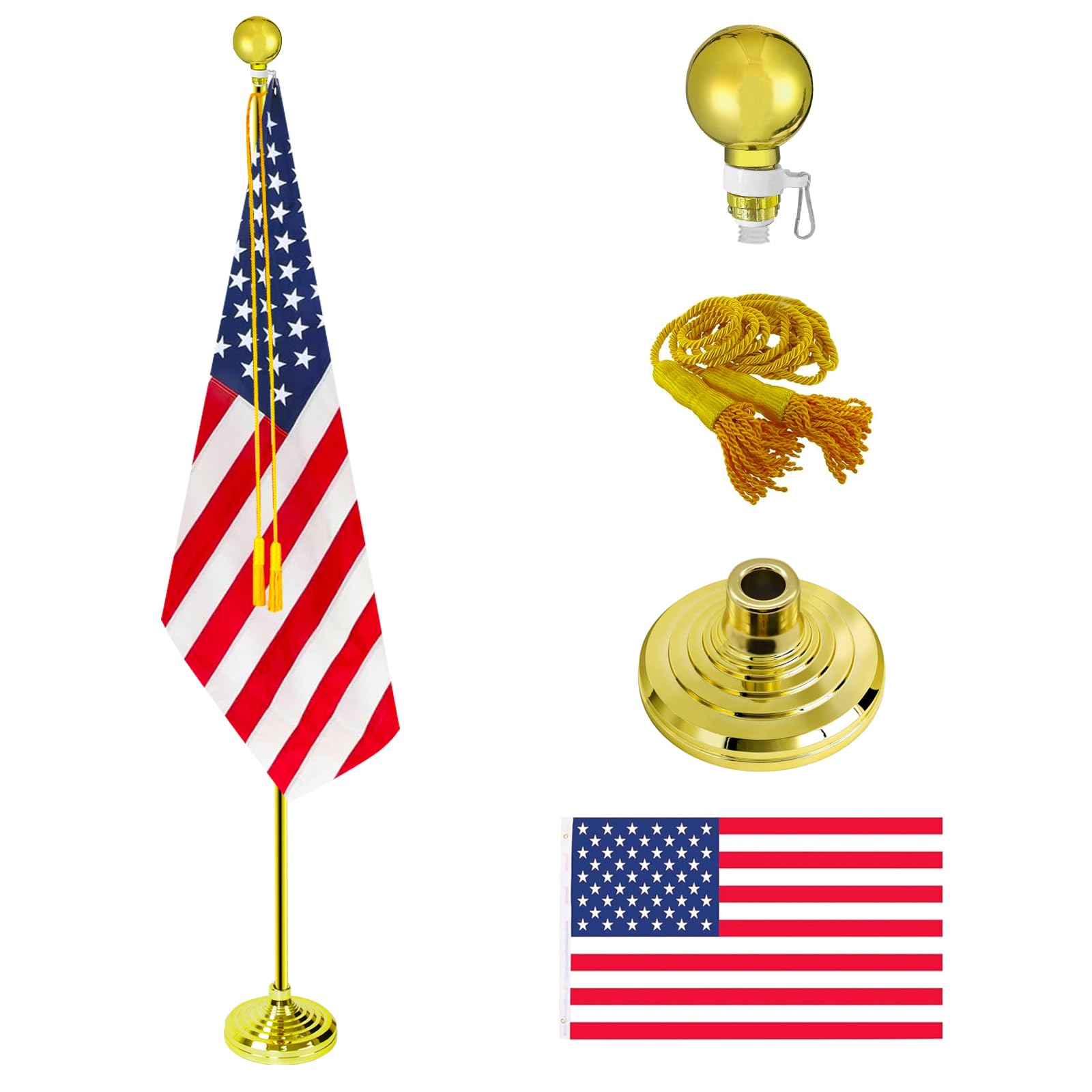 Photo 1 of Indoor Flag Pole Kit?Telescoping 6FT-8FT FlagPole with Base,Rotate 360 Degrees,3x5 FT US Flag, Golden Ball Topper, Yellow Pendant,Suitable for Office,School, City Hall(Glod-1Pack)