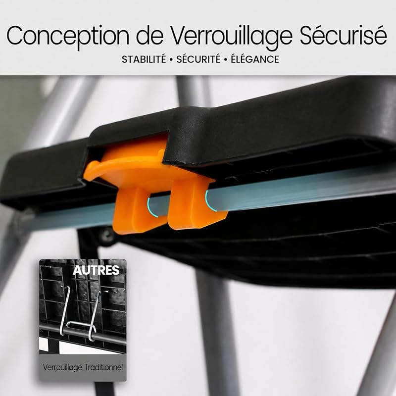 Escabeau 4 Marches Pliable, Acier et Aluminium, Poignée Rembourrée