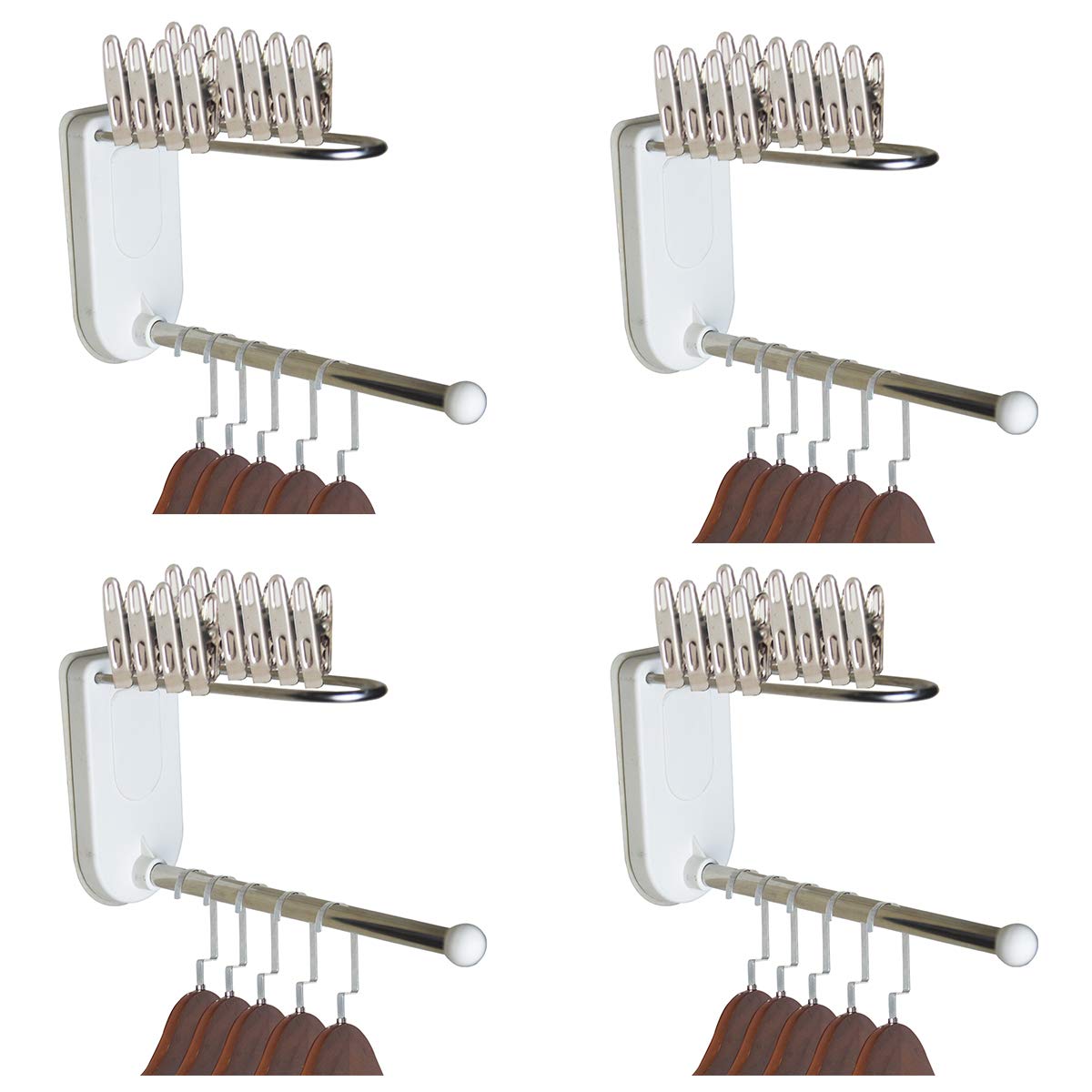 Hanger Storage Rack Wall Mounted Clothes Hanger and Clothespin Organizer, Stainless Steel 2 Layer Wall Mounted Adhesive Storage Holder Stacker, for Closet,Living room,Laundry room, balcony (4White)