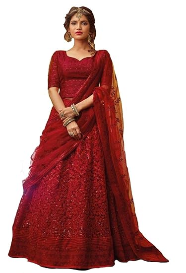 Womens New Georgette Lehenga Choli (Red, Free Size)