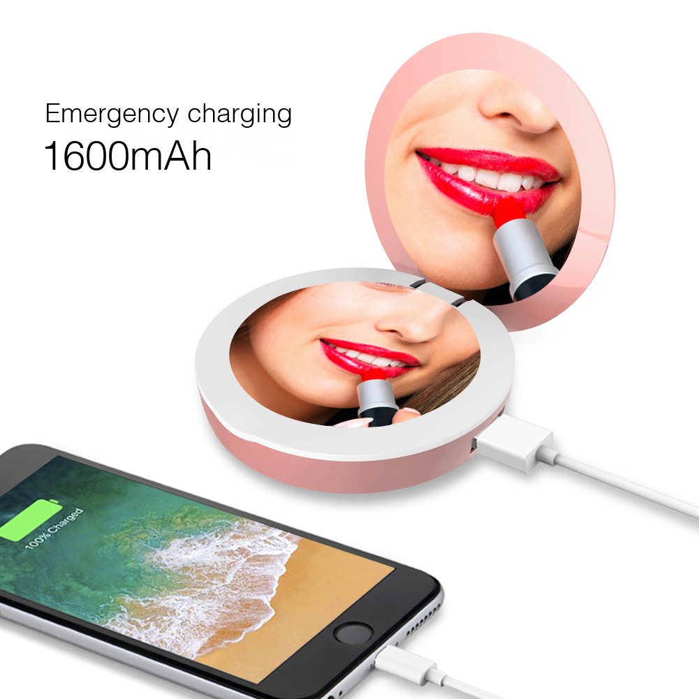 Batterie Externe Miroir Lumière LED - OrimeCharger PB76m Power Bank 1600mAh, Mini Miroir Maquillage Voyage, Cadeau pour femme/fille/maman/épouse/petite amie/soeur (Or rose)