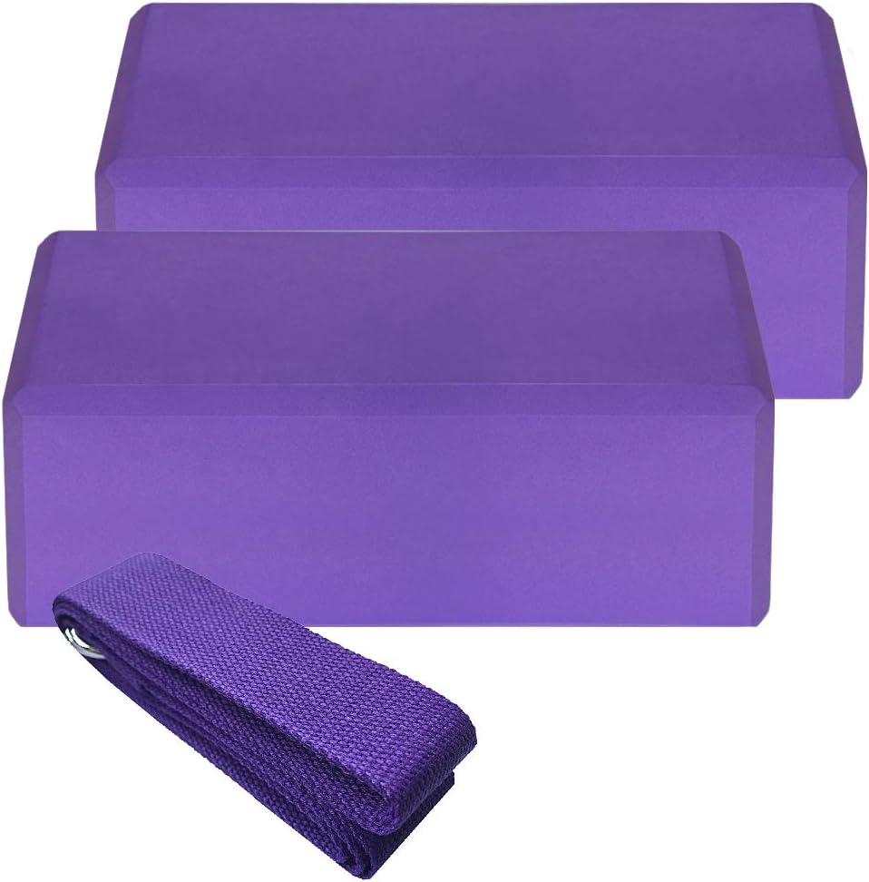 Roeam Yoga Block and Strap, 2pcs EVA Yoga Blocks 1pcs Cotton Yoga Strap Stability Blocks Yoga Strap Set for Yoga Pilates Meditation