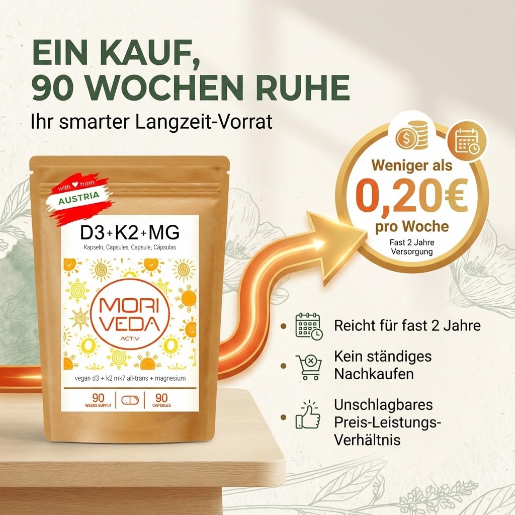 MoriVeda 90 Vitamin D3 K2 Magnesium Wochendepot Kapseln – 7000 I.E. D3 + 200 µg K2 MK7 + 175 mg Mg – Vegan, aus Flechten & Natto 4