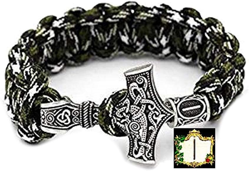 ISA Rune – Military Paracord Bracelet Green Camouflage Outdoor Viking Viking Thor's Hammer Antique Silver Coloured 100% Handmade 3/4 Size No. 14