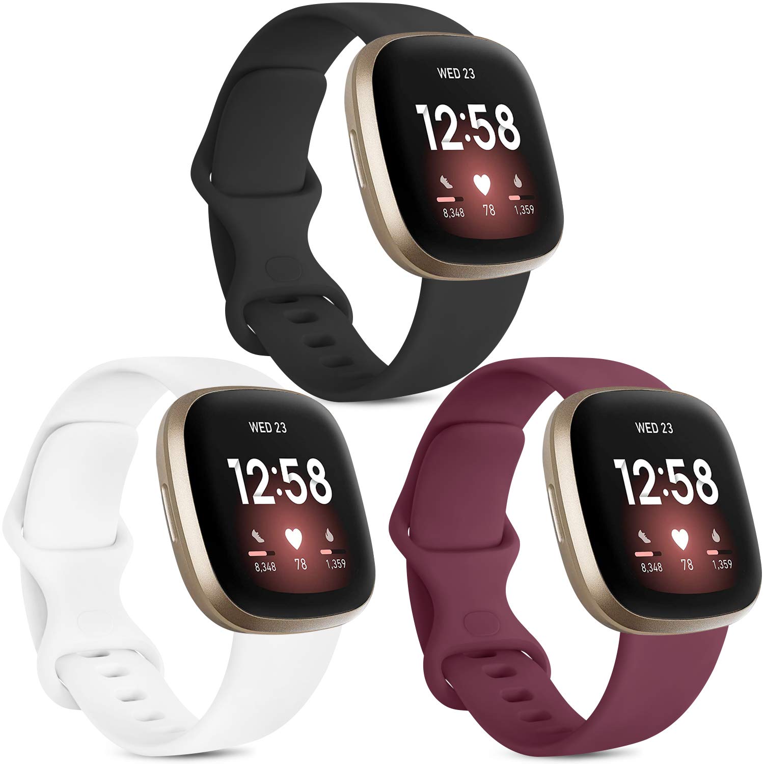 [3 Pack] Strap Compatible for Fit Bit Versa 3 Strap/Versa 4 / Sense 2 Straps, Soft Silicone Replacement Straps for Sense Smart Watch (Black/White/Wine Red, Small)