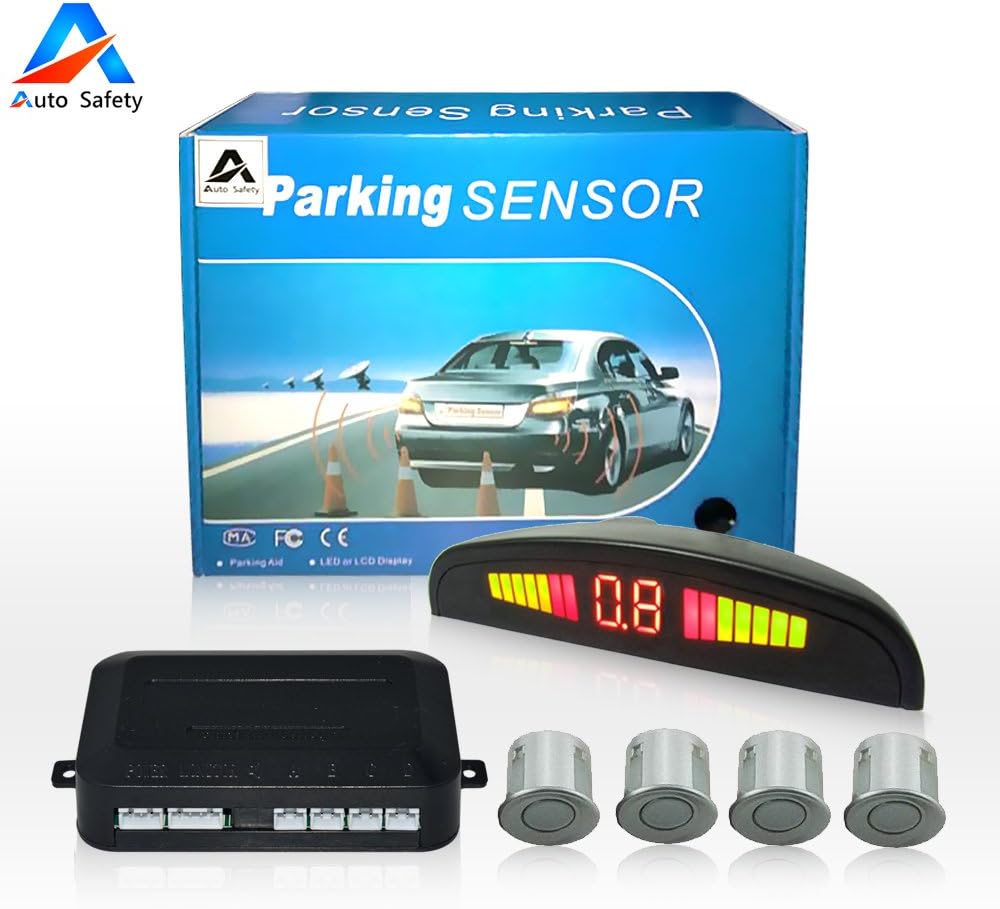 Car Reverse Backup Radar System Auto safety Parking Sensor kit,LED Dispaly + Human Voice Alert +4 sensors+4 Colors for Universal Auto Vehicle (Silver)