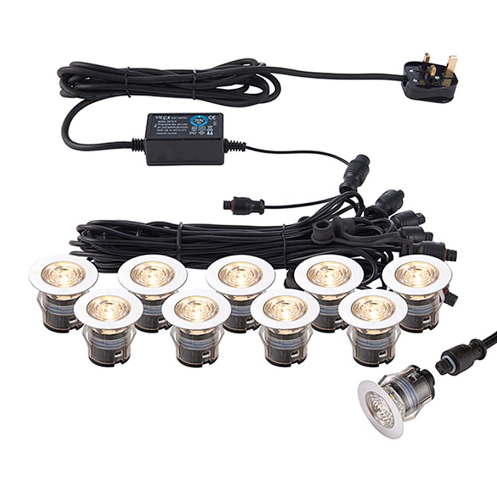 Pack of 10 x Saxby IKON PRO Colour Changing (CCT) Warm & Cool White LED 35mm Round Stainless Steel Outdoor Garden Decking Pathway Kitchen Plinth Lights Kit - IP67