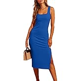 Valiamcep Women's Summer Midi Bodycon Dresses Basic Square Neck Side Slit Ribbed Knit Fitted Casual Sleeveless Tank Dress