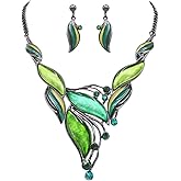Rosemarie & Jubalee Women's UnbeLEAFable Statement Enamel Crystal Resin Leaf And Vine Necklace Earrings Set
