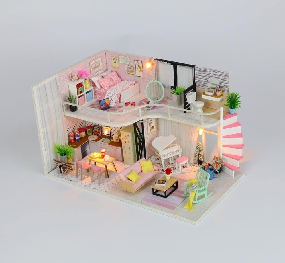 WYD Modern Loft Duplex Apartment Series Dollhouse Miniature DIY House Kit Creative Room with LED Lights Perfect Handmade Gift for Friends,Lovers and Families（Anna's Pink Melody）