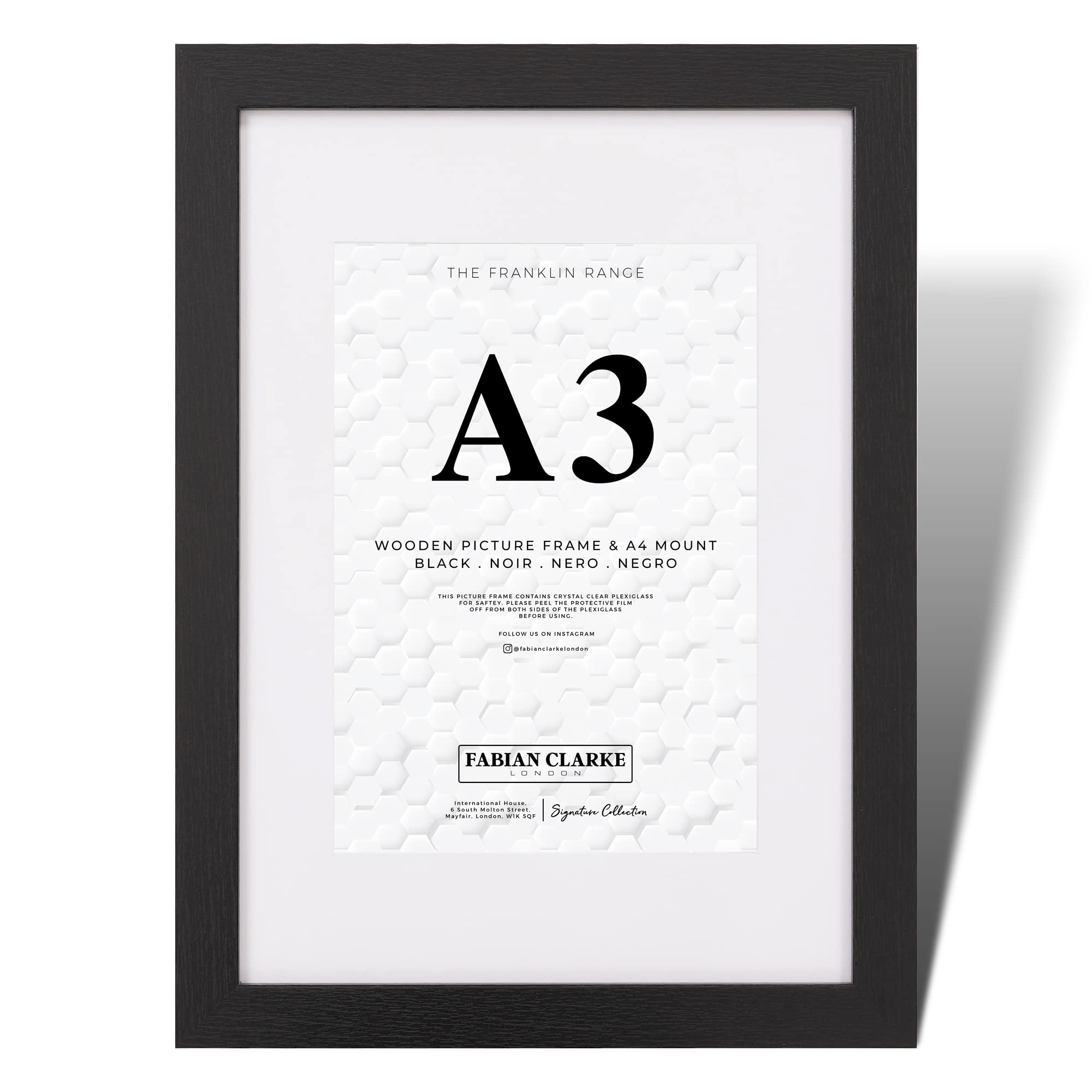 Fabian Clarke London® A3 Modern Black Wooden Picture Photo Frame with A4 White Mount to Hang Portrait or Landscape