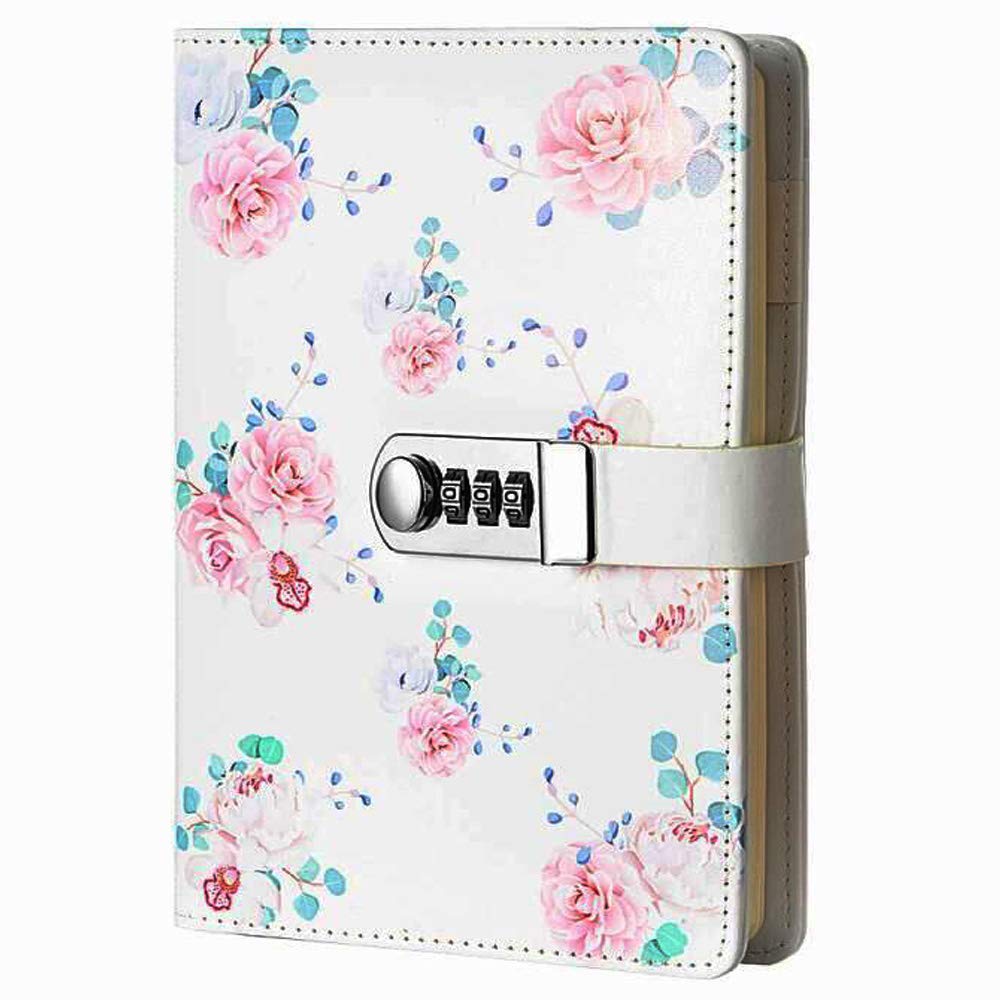 Mruiks A5 PU Leather Wirebound Notebooks with Lock Diary Book Journal Sketchbook,A5(150x215mm),(Flowers)