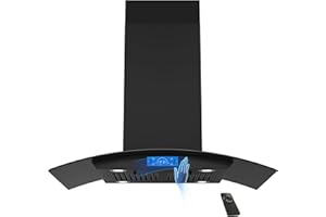FIREGAS Black Island Range Hood 36 Inch, 700 CFM Ductless/Ducted Ceiling Mount Range Hood with 3 Speed Fan, Gesture, Remote & Touch Control, LED Light Vent Hood for Kitchen