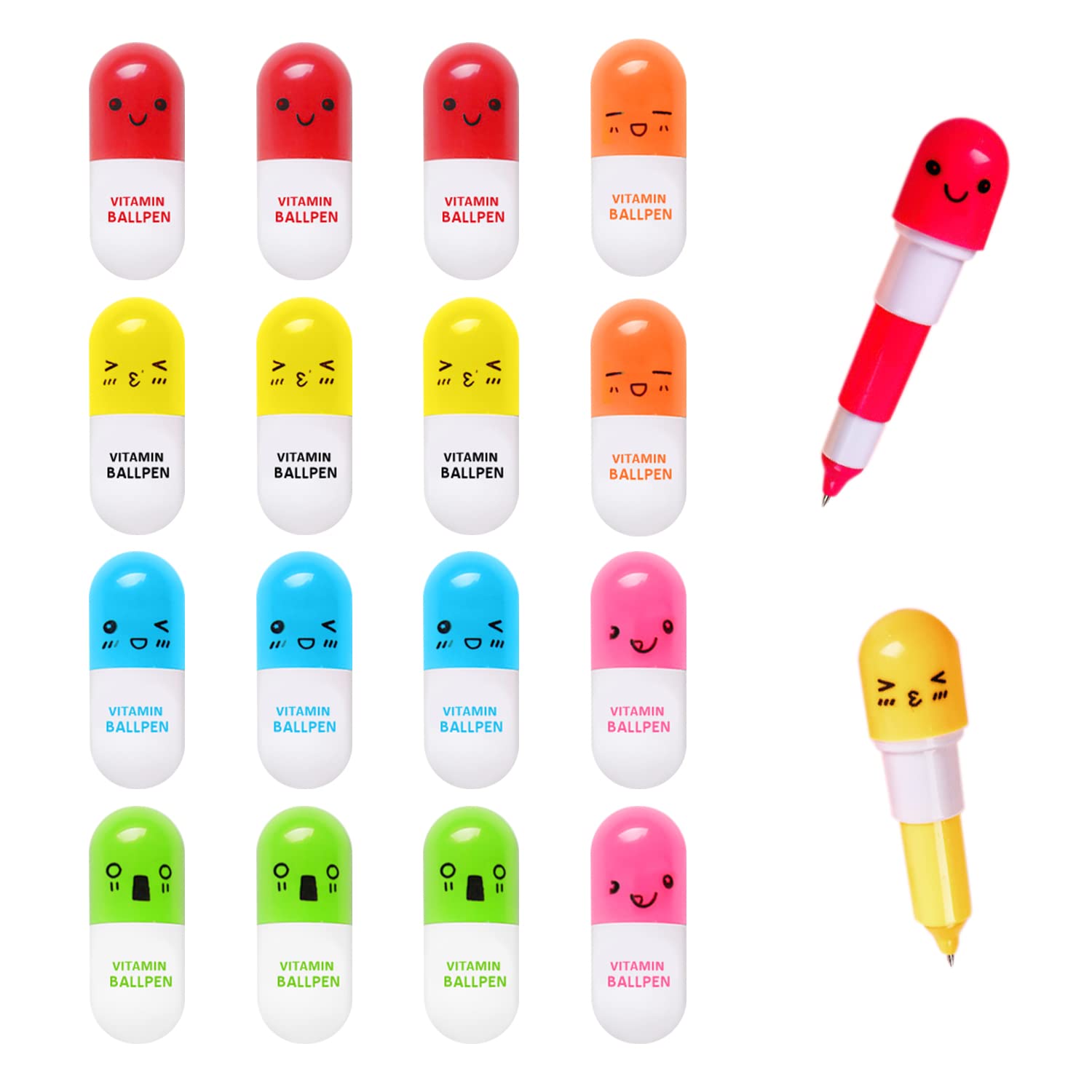 16pcs Mini Vitamin Pill Capsule Shaped Kawaii Expression Face Retractable Gift Portable Ball Pens for School, Office and Home (6 Colors)