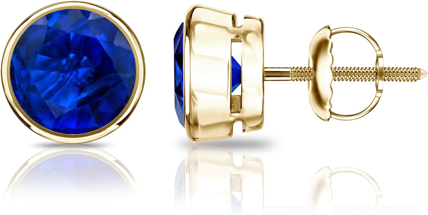 Diamond Wish 14k Gold Round Blue Sapphire Gemstone Stud Earrings (1/4 carat TW) Bezel Set, Screw-Back
