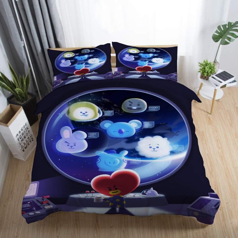 BEDLININGS Microfibre Duvet Cover Set,BT21 Print Bedding Quilt Cover Set with Zipper 3 Pieces (1 Duvet Cover + 2 Pillow Case),A,150x200cm