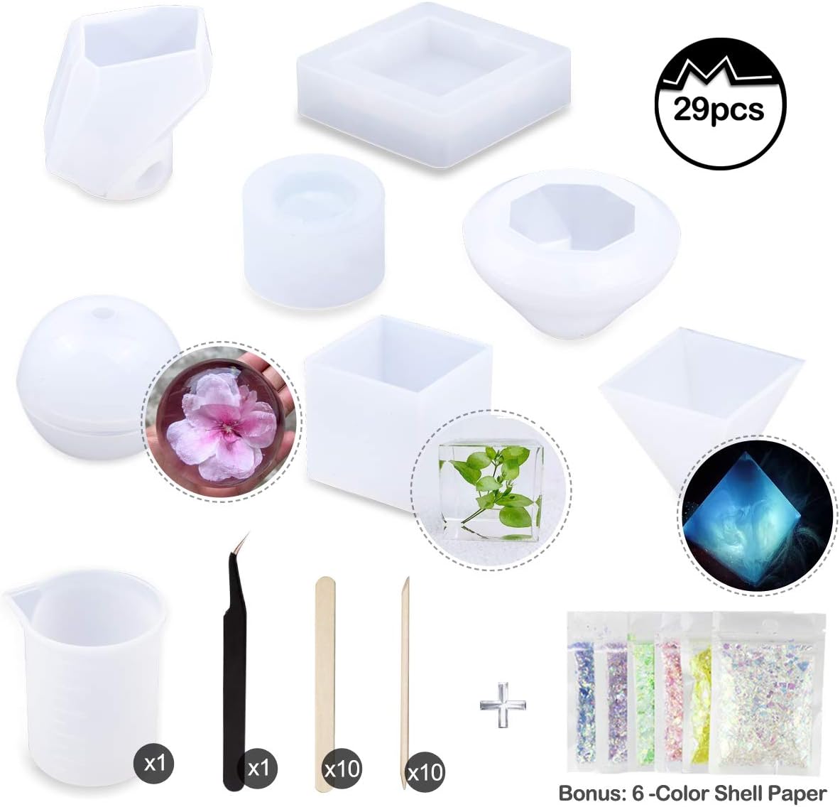 Moi Doi 29PCS Silicone Resin Casting Molds Set, 7 Pack Epoxy Resin Mold Including Cube/Pyramid/Sphere/Diamond/Stone/Ashtray/Bowl Clear Silicone Molds with Measuring Cups for DIY Resin Jewelry Making
