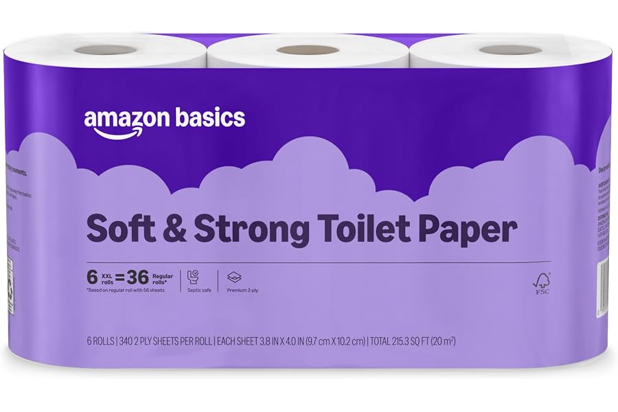 Amazon Basics Soft and Strong 2-Ply Toilet Paper, 6 Ultra Rolls = 24 Regular Rolls, Unscented, 340 Sheet (1 Pack of 6), Packa