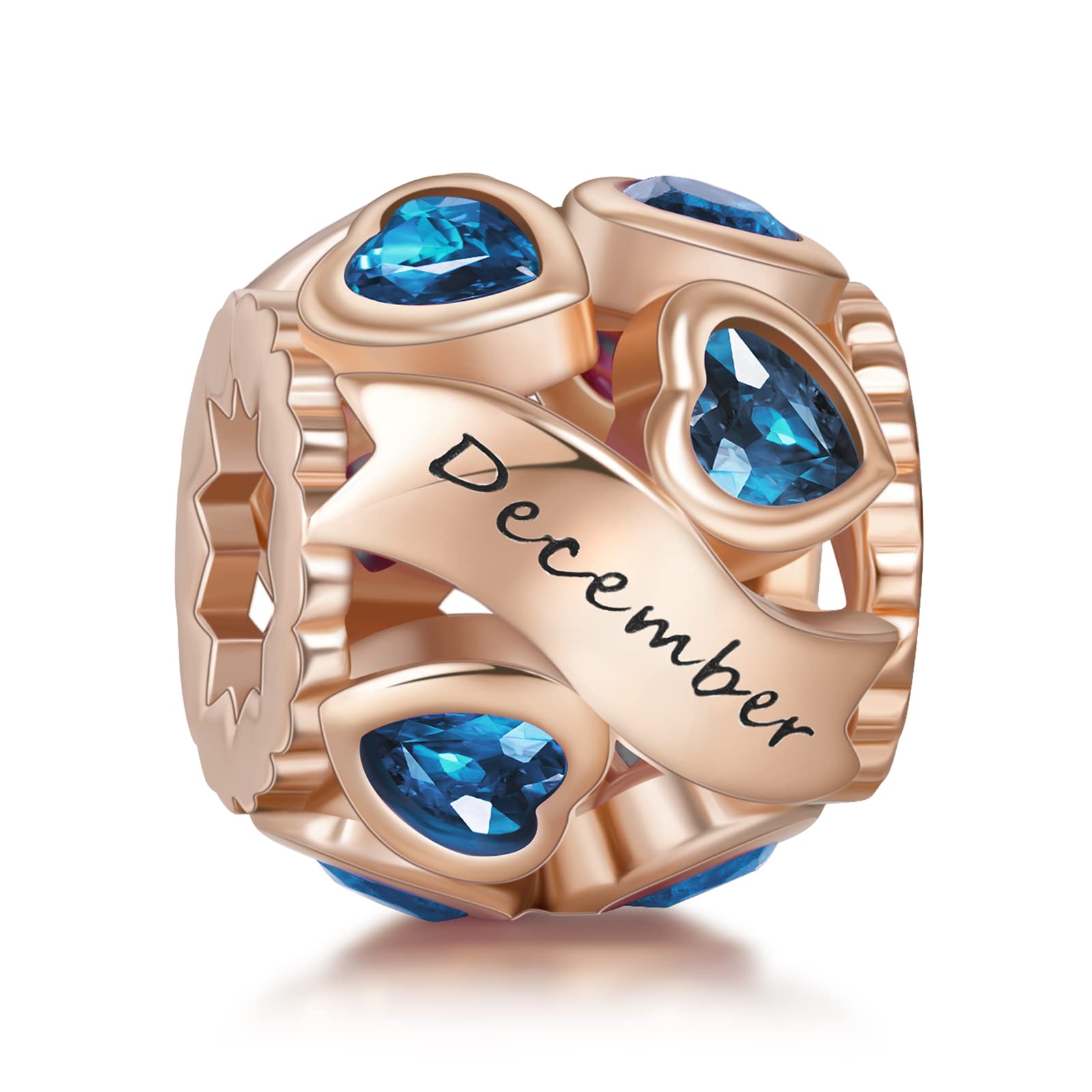 NINGAN December Birthstone Charms Rose Gold 925 Sterling Silver Love Heart Bead for Charm Bracelets and Necklaces with 5A Cubic Zirconia, Birthday Gifts