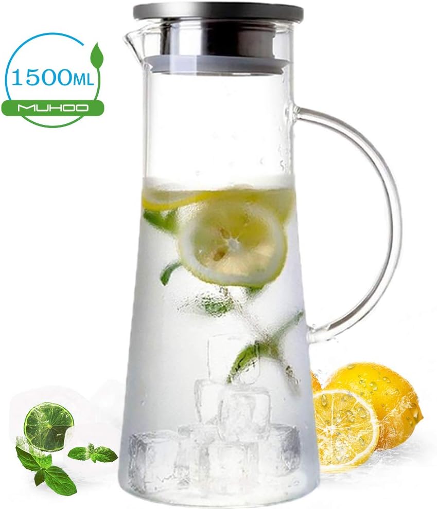 MUHOO Glass Jug 1.5 L Glass Carafe with Lid Glass Carafe Water Jug Made of Borosilicate Glass Water Carafe Water Jug Glass Carafe Drinks Carafe