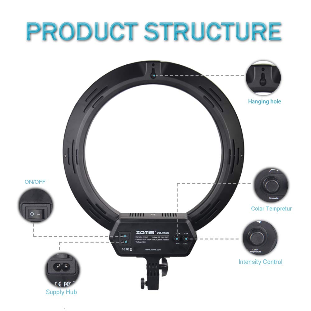 ZOMEI Ring Light Kit,16 inch Ring Light with Stand,LED Dimmable 50W Adjustable 3200-5500K Carrying Bag for Camera Smartphone, You Tube,Self-Portrait Shooting Good for Beauty Facial Make Up Live Stream