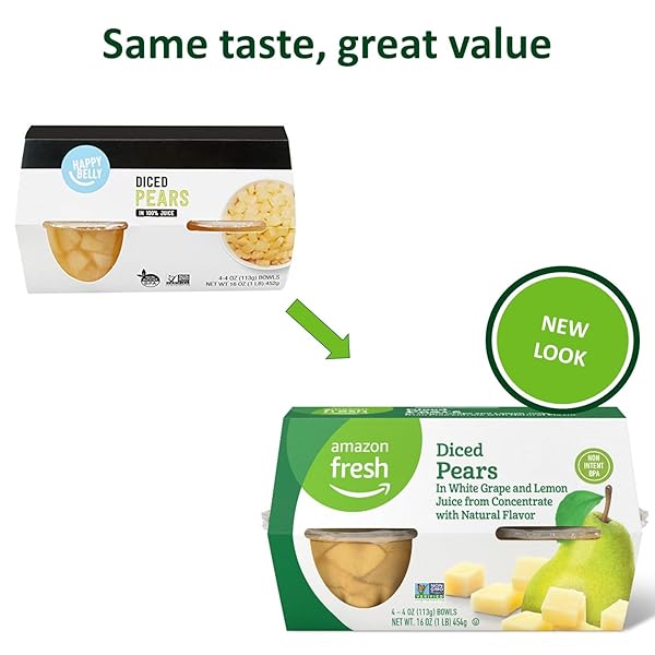AMAZON FRESH, DICED PEARS IN WHITE GRAPE AND LEMON JUICE, 4 OZ BOWLS (PACK OF 4) (PREVIOUSLY HAPPY BELLY, PACKAGING MAY VARY)