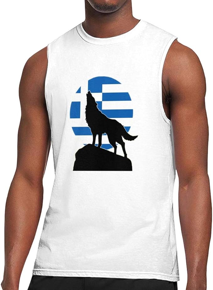 Download Mens Greece Flag Wolf Moon Sleeveless Shirt, Loose Fit 100 ...