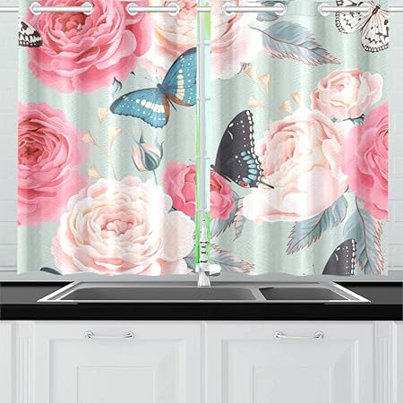 Qiaolii Peony Roses Butterfly Kitchen Curtains Window Curtain Tiers For Cafe Bath Laundry Living Room Bedroom 26 X 39 Inch 2 Pieces Amazon Co Uk Kitchen Home